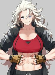  abs anagumasan blonde_hair blue_eyes breasts closed_mouth commentary_request crop_top double_dragon female fingerless_gloves gloves hands_on_stomach highres jacket kunio-kun_series large_breasts long_hair looking_at_viewer marian_kelly muscular muscular_female navel open_clothes pants river_city_girls sleeves_rolled_up smile solo stomach 