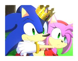  amy_rose anthro blue_body blue_fur border cape clothing crown duo eulipotyphlan female fur gloves green_eyes handwear headgear hedgehog hi_res hug kalk427 male mammal pink_body pink_fur sega smile sonic_the_hedgehog sonic_the_hedgehog_(series) white_border 