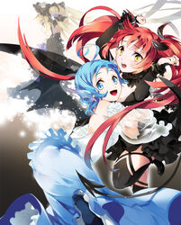  3girls ahoge ainselph_thalasa_neptuna alshiera_(maou_no_ore_ga) bad_id bad_twitter_id black_dress black_headwear black_legwear blonde_hair blue_eyes blue_hair blue_lips comta demon_horns demon_tail dress earrings fins fur_trim head_fins horns jewelry lilithiera_fauna_hypnoel lolita_fashion long_hair long_sleeves maou_no_ore_ga_dorei_elf_wo_yome_ni_shitanda_ga_dou_medereba_ii? multiple_girls official_art open_mouth red_hair tail twintails yellow_eyes 