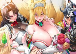  &gt;_&lt; 4girls :3 absurdres animal_ears black_hair black_wyrm_(last_origin) blush bouquet breasts bridal_gauntlets cat_ears cat_girl cerestia_of_life ciao_churu cleavage closed_eyes crossed_bangs elf flower fox_ears fox_girl hair_between_eyes highres hirume_of_heavenly_incense huge_breasts kitsune kyuubi last_origin long_pointy_ears magatama maid_headdress multiple_girls multiple_tails note_on_head obui official_art open_mouth perrault_(last_origin) pet_food poi_(last_origin) pointy_ears popularity_contest red_eyes rose saliva smile sweatdrop tail tears translated yellow_eyes 