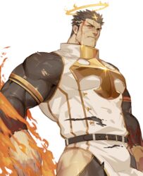  1boy bara black_hair bodysuit bruise bulge chest facial_hair fire gomtang halo injury male_focus manly muscle pectorals pelvic_curtain solo stubble thigh_cutout thighs tokyo_houkago_summoners torn_bodysuit torn_clothes upper_body yellow_eyes zabaniya_(tokyo_houkago_summoners) 