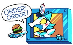  android anthro burger cheese dairy_products darkner deltarune dialogue english_text felid feline female food hi_res humor krabby_patty lettuce machine mammal meat nickelodeon plant pun robot serving_food solo speech_bubble spongebob_squarepants tasque_manager text thatguynamedjoe toony undertale_(series) vegetable visual_pun 