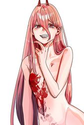  bithmath blood blood_censor blood_on_breasts breasts brown_hair chainsaw_man cross-shaped_pupils female hair_between_eyes hand_on_own_chin highres horns long_hair looking_at_viewer nude power_(chainsaw_man) red_eyes red_horns sharp_teeth simple_background small_breasts smile solo symbol-shaped_pupils teeth white_background 