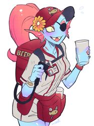  backpack bottomwear clothing container cup eye_patch eyewear fanny_pack female fin fish flower hat headgear headwear hi_res holding_object marine monster name_tag noaharbre plant shorts simple_background solo standing topwear undertale undertale_(series) undyne white_background work_uniform 