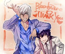  2boys blue_shirt cigar closed_eyes collar collarbone dark-skinned_male dark_skin english_text hand_in_own_hair holding holding_cigar housui_(g3hopes) jacket kekkai_sensen leonardo_watch long_sleeves looking_at_viewer multiple_boys necktie one_eye_closed open_mouth purple_hair shirt short_hair smile smoke striped_clothes striped_jacket striped_necktie suspenders upper_body white_hair white_shirt zap_renfro 