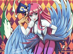  artist_name bare_shoulders blue_skin breasts claws colored_skin duel_monster feathered_wings female green_eyes harpie_lady harpie_lady_(normal_monster) harpy hat highres holding holding_clothes holding_hat large_breasts long_hair magical_hats_(yu-gi-oh!) monster_girl pointy_ears red_hair slingshot_swimsuit solo swimsuit tongue tongue_out top_hat usuba_kagerou_(shougyouchu) winged_arms wings yu-gi-oh! 