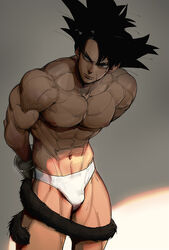  1boy abs arms_behind_back bara bardock bound bound_wrists briefs bulge commentary_request dragon_ball dragon_ball_z feet_out_of_frame frown highres large_pectorals leaning_forward light looking_to_the_side male_focus male_underwear mature_male monkey_tail muscular muscular_male navel nipples pectorals scar scar_on_cheek scar_on_face shadow short_hair solo spiked_hair stomach supobi tail tail_wrap thick_eyebrows thick_thighs thighs topless_male underwear white_male_underwear 