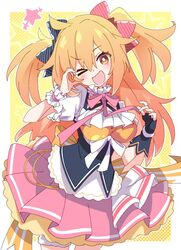  ;d black_bow black_gloves bow breasts commentary_request female fingerless_gloves gloves hair_between_eyes hairbow ixy long_hair medium_breasts neck_ribbon one_eye_closed orange_eyes orange_hair original pink_ribbon pink_skirt pmaru-sama red_bow ribbon s&#039;il_vous_president single_glove skirt smile solo two_side_up virtual_youtuber wrist_cuffs 