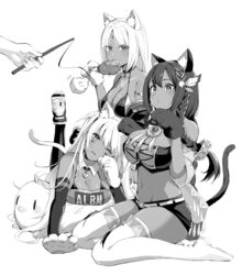  3girls alabama_(azur_lane) animal_ears animal_hands azur_lane bad_id bad_pixiv_id bikini blush boots braid breasts brooch cat_ears cat_paws cat_tail cat_teaser cleavage commentary_request dark-skinned_female dark_skin eating facial_mark fake_animal_ears fake_tail food forehead_mark greyscale hair_ornament hamuhamu_hamuo highres jewelry large_breasts long_hair manjuu_(azur_lane) massachusetts_(azur_lane) monochrome multiple_girls one_eye_closed see-through shirt short_shorts shorts simple_background sitting south_dakota_(azur_lane) swimsuit tail thigh_boots thighhighs wariza white_background 