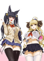  2girls absurdres ahoge anila_(granblue_fantasy) animal_ears asanagi ass_visible_through_thighs bag bell bikini black_hair black_panties black_thighhighs blazer blonde_hair blunt_bangs blush bow bowtie breasts cardigan cellphone cleavage collared_shirt commentary_request crop_top draph empty_eyes erune fantia_reward fox_ears fox_girl goat_girl goat_horns granblue_fantasy hair_bell hair_ornament half-closed_eyes hand_on_own_hip high_ponytail highres horns jacket jingle_bell large_breasts lips long_hair long_sleeves looking_at_viewer lowleg lowleg_panties medium_breasts midriff miniskirt multiple_girls navel neckerchief no_bra oerba_yun_fang open_mouth paid_reward panties phone pleated_skirt ponytail purple_eyes sailor_collar school_bag school_uniform scrunchie serafuku sheep_horns shirt short_eyebrows short_sleeves side-tie_panties side-tie_peek sidelocks simple_background skindentation skirt smartphone smile stomach string_bikini swimsuit thick_eyebrows thigh_gap thighhighs thighs twintails underboob underwear v-shaped_eyebrows wavy_hair white_panties white_thighhighs yellow_eyes yuel_(granblue_fantasy) 