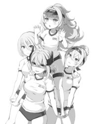  4girls alternate_hairstyle azur_lane bad_id bad_pixiv_id breasts buruma claw_pose cleavage closed_mouth crossed_bangs graf_zeppelin_(azur_lane) greyscale gym_uniform hair_between_eyes hair_bun hamuhamu_hamuo headgear highres kibasen large_breasts long_hair looking_at_another looking_at_viewer looking_away mole mole_under_eye monochrome multicolored_hair multiple_girls name_tag open_mouth parted_lips roon_(azur_lane) shaded_face shirt short_hair short_sleeves single_hair_bun small_breasts smile streaked_hair thigh_strap tirpitz_(azur_lane) very_long_hair z46_(azur_lane) 