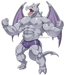  abs absurd_res aerodactyl anthro anthrofied bulge clothed clothing fossil_pokemon generation_1_pokemon grey_body hi_res maldu male muscular muscular_anthro muscular_male nintendo nipples open_mouth pecs pokemon pokemon_(species) pokemorph simple_background solo topless underwear white_background wings 