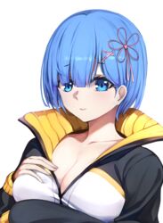  alternate_costume bad_id bad_pixiv_id blacktheif blue_eyes blue_hair breasts cleavage collarbone commentary cosplay female hair_ornament hair_ribbon jacket large_breasts looking_at_viewer natsuki_subaru natsuki_subaru_(cosplay) pink_ribbon re:zero_kara_hajimeru_isekai_seikatsu rem_(re:zero) ribbon short_hair simple_background solo track_jacket upper_body white_background x_hair_ornament 