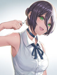  :d bare_arms bare_shoulders black_choker black_hair blush breasts chainsaw_man choker collared_shirt ebinomi female green_eyes grenade_pin hair_between_eyes hair_bun highres looking_at_viewer medium_breasts medium_hair neck_ribbon open_mouth reze_(chainsaw_man) ribbon shirt short_hair simple_background single_hair_bun sleeveless sleeveless_shirt smile solo upper_body white_background white_shirt 