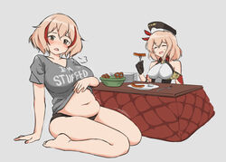  2girls alternate_costume arm_behind_back azur_lane bare_legs bare_shoulders belly big_belly black_gloves black_panties blonde_hair blush breasts closed_eyes clothes_lift clothes_writing collared_shirt commentary eating english_commentary facing_another food full_stomach gloves grey_eyes grey_shirt hair_between_eyes hand_up i&#039;m_stuff_(meme) large_breasts leipzig_(azur_lane) lifting_own_clothes looking_at_viewer medium_breasts medium_hair meme motion_lines multicolored_hair multiple_girls navel no_pants on_ground open_mouth panties parallelrey plump red_hair roon_(azur_lane) sausage shirt shirt_lift simple_background sleeveless sleeveless_shirt smile stomach streaked_hair thighs trembling underwear yellow_eyes 