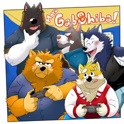  1:1 2019 absurd_res akita anthro bau_husky belly black_nose blush canid canine canis chow_chow closed_eyes clothing domestic_dog eyewear gab_(comic) gab_shiba glasses group hi_res humanoid_hands husky kamui_shirow male mammal nordic_sled_dog overweight overweight_male pit_bull ruff_bull shiba_inu shirt spitz text tongue tongue_out topwear voff_akita wang_chow 