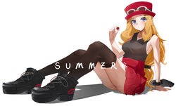  absurdres arm_support ass black_footwear blonde_hair blue_eyes blush breasts collared_shirt commentary eyelashes eyewear_on_headwear female full_body hat high-waist_skirt highres holding holding_poke_ball long_hair looking_at_viewer mega_ring poke_ball poke_ball_(basic) pokemon pokemon_xy red_hat red_skirt serena_(pokemon) shirt shoes sitting skirt sleeveless sleeveless_shirt smile solo summer_(724788381) sunglasses thighhighs white-framed_eyewear 