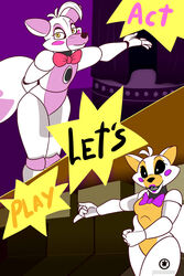  2021 2:3 absurd_res animatronic arcade_machine arm_flex black_eyes bow_tie canid canine clothing duo female five_nights_at_freddy&#039;s five_nights_at_freddy&#039;s_world fox funtime_foxy_(fnaf) fur gesture hair hand_behind_back hand_gesture happy hi_res humanoid legwear letterbox lipstick lolbit_(fnaf) looking_at_viewer machine makeup male male/female mammal orange_background outstretched_arm outstretched_hand pink_background pink_bow_tie pink_cheeks pointing pointing_back pointing_to_the_side poster purple_bow_tie purple_cheeks purple_lipstick robot scottgames simple_background sister_location speaker stage stage_curtains tail thigh_highs thumbs_up twtr white_body white_fur white_hair white_tail yellow_eyes 