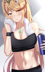  bare_shoulders blonde_hair blush bottle breasts chest_jewel cleavage collarbone commentary crop_top dutch_angle earrings female highres jewelry large_breasts looking_at_viewer mebi_il midriff mythra_(xenoblade) navel ponytail solo sports_bra sweat swept_bangs towel water_bottle xenoblade_chronicles_(series) xenoblade_chronicles_2 yellow_eyes 