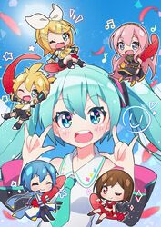  2boys 4girls \m/ ^_^ blonde_hair blue_eyes blue_hair blue_necktie brown_hair chibi closed_eyes commentary fuusen_neko green_eyes hatsune_miku highres kagamine_len kagamine_rin kaito_(vocaloid) long_hair megurine_luka meiko_(vocaloid) midriff multiple_boys multiple_girls navel necktie photoshop_(medium) pink_hair red_eyes short_hair twintails vocaloid 