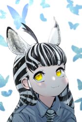  absurdres ahoge akegata_tobari animal animal_ears animal_print black_hair blue_butterfly blush bug butterfly closed_mouth collared_shirt commentary_request extra_ears female grey_shirt highres kemono_friends kemono_friends_3 long_hair looking_at_viewer multicolored_hair necktie plains_zebra_(kemono_friends) portrait print_necktie shirt sidelocks smile solo striped_hair two-tone_hair white_hair wing_collar yellow_eyes zebra_ears zebra_print 