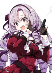  absurdres asanaya bare_shoulders beretta_92 black_gloves blush breasts chest_tattoo claw_ring dress drill_hair female gloves gun hair_ribbon hairband half_gloves handgun highres holding holding_gun holding_weapon hyakumantenbara_salome hyakumantenbara_salome_(1st_costume) juliet_sleeves large_breasts left-handed light_purple_hair long_hair long_sleeves looking_at_viewer nijisanji off-shoulder_dress off_shoulder ojou-sama_pose open_mouth parted_bangs puffy_sleeves purple_eyes purple_hairband purple_ribbon red_dress red_sleeves ribbon scorpion_tattoo signature simple_background smile smoke_trail solo tattoo virtual_youtuber weapon white_background 