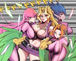  4girls arm_around_shoulder bare_shoulders belt belt_buckle blonde_hair blue_hair blush bodysuit breast_press breasts buckle claws commentary detached_sleeves ditienan_ddn dodododo duel_monster feathered_wings feathers green_eyes green_feathers harpie_lady harpie_lady_1 harpie_lady_2 harpie_lady_3 harpie_lady_sisters harpy jacket kujaku_mai large_breasts long_hair looking_back monster_girl multiple_girls navel open_mouth orange_hair pink_bodysuit pink_hair pointy_ears purple_eyes siblings sisters skirt spiked_hair v very_long_hair winged_arms wings yu-gi-oh! 