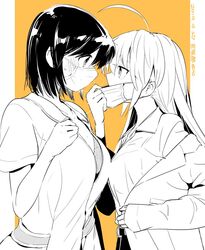  2girls ahoge blush breasts chiyo_kozuka collarbone collared_shirt commentary_request covered_mouth dated eye_contact eyebrows_hidden_by_hair face-to-face from_side full-face_blush greyscale_with_colored_background hair_between_eyes hand_up heavy_breathing highres ichido_dake_demo_koukai_shitemasu jacket long_hair long_sleeves looking_at_another mask mask_pull medium_breasts miyahara_miyako monochrome mouth_mask multiple_girls off_shoulder open_clothes open_jacket orange_background pulling_own_clothes ritsuka_hara shirt short_hair short_sleeves sidelocks simple_background sweat upper_body wing_collar 