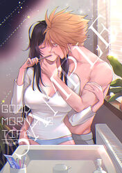  1boy bathroom black_hair blonde_hair blue_eyes breasts brushing_another&#039;s_teeth brushing_teeth character_name closed_eyes cloud_strife collarbone couple cowboy_shot female final_fantasy final_fantasy_vii final_fantasy_vii_remake good_morning hand_on_another&#039;s_arm hand_on_another&#039;s_face highres indoors kissing kissing_cheek large_breasts long_hair long_sleeves looking_at_another messy_hair morning mugikoma panties plant sample_watermark shirt sink spiked_hair star_(symbol) straight sunlight text_focus tifa_lockhart toothbrush topless_male underwear watermark white_shirt window 