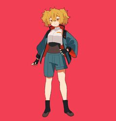  asticassia_school_uniform asymmetrical_shorts black_footwear black_gloves blonde_hair blush bodystocking boots brown_eyes covered_navel dou_(mame_eee) female fingerless_gloves full_body gloves green_shorts gundam gundam_suisei_no_majo hair_between_eyes hand_on_own_hip highres looking_at_viewer open_hand red_eyes renee_costa school_uniform shirt shorts shoulder_boards sleeveless sleeveless_shirt smile solo twintails white_shirt 