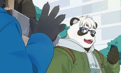  2022 anthro bear biped black_body black_nose blue_eyes clothing duo eyewear giant_panda glasses hi_res hoodie humanoid_hands kemoniku120 kemono mammal outside overweight plant sasayama_akira topwear tree vtuber white_body 