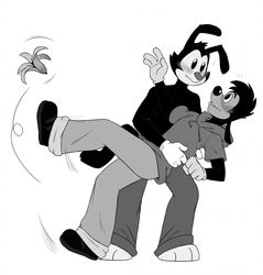  animaniacs anthro avoid_posting banana_peel black_eyes black_nose blush bottomwear canid canine canis clothed clothing disney domestic_dog duo eye_contact footwear gloves goof_troop handwear hi_res holding_person inkblot looking_at_another male male/male mammal max_goof monochrome nervous nervous_smile pants shirt shoes simple_background smile standing surprise surprised_expression surprised_face surprised_look tejedora713joker topwear warner_brothers white_background yakko_warner 