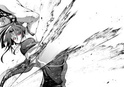  akane_harurou commentary_request female greyscale hachimaki hakama hakama_shorts headband high_ponytail japanese_clothes kantai_collection kicking long_hair long_sleeves monochrome muneate ponytail red_eyes shorts solo spot_color wide_sleeves zuihou_(kancolle) 