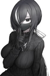  bad_id bad_pixiv_id bow breasts commentary female finger_to_mouth greyscale hair_over_one_eye hairbow highres large_breasts long_hair looking_at_viewer mask mihato_senba mole mole_on_neck mole_under_eye monochrome mouth_mask multicolored_hair original solo streaked_hair white_background 