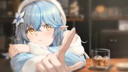  ahoge alcohol bar_(place) beret blue_hair blue_jacket blurry blurry_background blush braid check_commentary colored_tips commentary_request cup elf female flower fur_trim glass hair_between_eyes hair_flower hair_ornament half_updo hand_on_own_arm hat highres hololive jacket kanoe_(tatsukanoe) leaning_forward long_hair looking_at_viewer multicolored_hair off_shoulder pointing pointing_at_viewer pointy_ears pout solo streaked_hair table virtual_youtuber white_hat yellow_eyes yukihana_lamy yukihana_lamy_(1st_costume) 