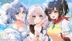  3girls :d ahoge asuka_(senran_kagura) benghuai_xueyuan black_hair blue_eyes blue_hair blue_sky bow breasts cleavage closed_mouth cloud cloudy_sky copyright_notice crossover drill_hair gauntlets green_necktie hairbow headband highres honkai_(series) jacket kiana_kaslana kuuus long_hair looking_at_viewer medium_hair multiple_girls neckerchief necktie off_shoulder official_art open_mouth outdoors palm_tree ponytail red_scarf sailor_collar sand_sculpture scarf school_uniform senran_kagura short_sleeves sky smile sweater third-party_source tree twin_drills water white_hair white_jacket yellow_eyes yellow_neckerchief yellow_sweater yumi_(senran_kagura) 