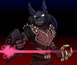  3below alien alpha_zeron anubian_jackal armor belt blaster canid canine canis claws fangs gun hair jackal long_hair male mammal ranged_weapon robotic_hand science_fiction smile spikes tales_of_arcadia tcrakman teeth weapon zeron 