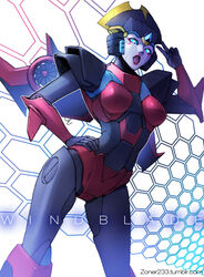  autobot blue_eyes breasts character_name english_commentary female looking_to_the_side mechanical_wings no_humans open_mouth small_breasts solo transformers tumblr_username v windblade wings zoner 