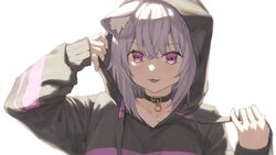  :3 animal_ear_fluff animal_ears bad_id bad_twitter_id black_collar black_hoodie breasts cat_ears cat_girl collar drawstring drawstring_pull female highres hololive hood hood_pull hoodie kanoe_(tatsukanoe) medium_breasts nekomata_okayu nekomata_okayu_(1st_costume) open_mouth purple_eyes purple_hair short_hair solo upper_body virtual_youtuber white_background 