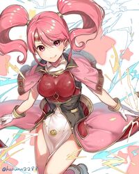  :q armor breastplate closed_mouth female fire_emblem fire_emblem_echoes:_shadows_of_valentia gloves haru_(nakajou-28) highres mae_(fire_emblem) pink_eyes pink_hair solo tongue tongue_out twintails twitter_username white_gloves 