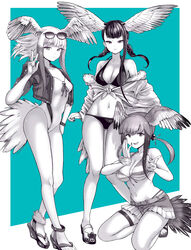  3girls absurdres akegata_tobari arm_at_side ass_visible_through_thighs asymmetrical_hair bare_arms bare_legs bare_shoulders belt bikini bikini_under_clothes bird_tail bird_wings black-headed_ibis_(kemono_friends) braid breasts closed_mouth collarbone commentary_request expressionless eyewear_on_head fingernails front-tie_bikini_top front-tie_top greyscale halterneck hand_to_own_mouth hand_up hands_up head_wings highleg highleg_bikini highres hood hood_down hoodie japanese_crested_ibis_(kemono_friends) japari_symbol kemono_friends kneeling knees_together_feet_apart long_hair looking_at_viewer lowleg lowleg_bikini medium_breasts monochrome multicolored_hair multiple_girls nail_polish navel off_shoulder one-piece_swimsuit open_clothes open_hoodie sandals scarlet_ibis_(kemono_friends) shorts sidelocks small_breasts smile spread_wings standing stomach striped_bikini striped_clothes sunglasses swimsuit tail thigh_strap toenail_polish toenails toes twin_braids twintails v-shaped_eyebrows w wings 