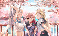  2boys 4girls :&lt; alternate_costume arkasus armpits arms_behind_back bird black_horns black_sailor_collar black_serafuku black_skirt blonde_hair blue_eyes blue_neckerchief blue_sailor_collar blue_skirt blue_sky blush bow braid braided_bangs breast_envy breasts cherry_blossoms choker closed_eyes cloud collarbone commentary cowboy_shot criss-cross_halter crop_top crop_top_overhang dappled_sunlight day dragon_girl dragon_horns elf english_commentary epic_seven flower green_eyes grey_skirt hair_between_eyes hair_flower hair_ornament halterneck highres horns iseria_(epic_seven) large_breasts leaning_forward long_hair looking_at_another looking_at_viewer luna_(epic_seven) medium_breasts mercedes_(epic_seven) midriff mouth_hold multiple_boys multiple_girls navel neckerchief outdoors pink_hair plaid plaid_bow plaid_skirt pleated_skirt pointy_ears prince_aither railing rass_elclare red_choker red_ribbon ribbon river sailor_collar school_uniform serafuku short_sleeves sidelocks silverpixia skirt sky smile standing sunlight tenebria_(epic_seven) tenebria_(phantom_schoolgirl)_(epic_seven) tying_hair upper_body very_long_hair water white_flower white_hair x_hair_ornament 