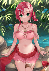  aqua_eyes bare_shoulders bikini bikini_skirt bracelet breasts collarbone commentary_request commission cowboy_shot dappled_sunlight female fire_emblem fire_emblem:_shadow_dragon fire_emblem_heroes frilled_bikini frills haru_(nakajou-28) jewelry looking_at_viewer navel necklace norne_(fire_emblem) norne_(summer)_(fire_emblem) official_alternate_costume outdoors partial_commentary pink_bikini red_hair river rock sitting small_breasts smile solo sunlight swimsuit thigh_strap 