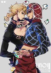  2boys argyle_clothes argyle_sweater blonde_hair card cleavage_cutout clothing_cutout commentary_request couple doran_(doran7280) earrings giorno_giovanna green_eyes guido_mista hat highres holding holding_card jewelry jojo_no_kimyou_na_bouken lips long_hair male_focus multiple_boys open_mouth pectoral_cleavage pectorals sweater tetraphobia unbuttoned uno_(game) upper_body vento_aureo yaoi 