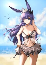  animal_ears animal_on_head arknights bare_arms bare_shoulders beach bikini bikini_skirt black_bow blue_eyes blue_sky bow cloud commentary cowboy_shot day female grey_skirt hairbow long_hair material_growth miniskirt navel ocean official_alternate_costume omuretu_(butterroru) on_head one_eye_closed oripathy_lesion_(arknights) outdoors pleated_skirt purple_hair rabbit rabbit_ears rope_(arknights) rope_(summer_flowers)_(arknights) skirt skirt_hold sky solo standing stomach strapless strapless_bikini swimsuit thighs very_long_hair white_bikini 