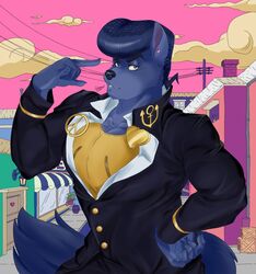  2019 5_fingers barrel blue_body blue_eyes blue_fur blue_nose building canid canine canis carameltiiiger claws clothed clothing compression_artifacts crate ear_piercing fingernails fingers flower fur hand_on_hip heart_symbol hi_res jojo&#039;s_bizarre_adventure josuke_higashikata lapel_pin looking_at_viewer male mammal meme muscular muscular_male nails outside peace_symbol piercing plant signature solo style_emulation wolf 