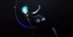  1other amputee androgynous aqua_eyes arm_at_side belt black_background black_footwear black_necktie cracked_skin crystal_hair double_amputee gem_uniform_(houseki_no_kuni) glint glowing glowing_hair highres houseki_no_kuni looking_at_viewer meru02295238 necktie other_focus outstretched_arm phosphophyllite puffy_short_sleeves puffy_sleeves severed_limb shards shoes short_sleeves shorts simple_background solo surprised 