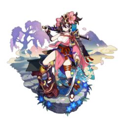  &gt;:) armor brown_hair crack dagger dragalia_lost faux_figurine female full_body helmet holding holding_sword holding_weapon japanese_armor japanese_clothes kabuto_(helmet) katana kimono knife looking_at_viewer mountain official_art purple_eyes ripples saitou_naoki sandals smile solo sword thigh_strap torii transparent_background tree v-shaped_eyebrows water weapon yachiyo_(dragalia_lost) 