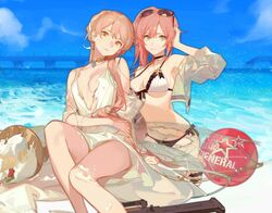  2girls adjusting_hair arm_up ask_(askzy) ball bare_shoulders beach bikini black_bikini breasts brown_hair cleavage closed_mouth cropped_jacket day dress ear_piercing earrings eyewear_on_head girls&#039;_frontline green_eyes gun hair_between_eyes hair_ornament halterneck jewelry korean_commentary long_hair looking_at_viewer multiple_girls navel ocean official_alternate_costume official_art ots-14_(girls&#039;_frontline) outdoors piercing pink_hair r93_(girls&#039;_frontline) r93_(holiday_lucky_star)_(girls&#039;_frontline) resized screenshot sitting smile star_(symbol) stomach sunglasses swimsuit third-party_edit torn_clothes torn_dress two-tone_bikini upscaled weapon white_bikini white_dress yellow_eyes 