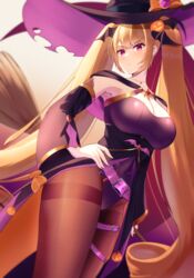  azur_lane bat_hair_ornament belt black_pantyhose blonde_hair blush breasts broom cape cleavage female food-themed_hair_ornament gem hair_ornament halloween halloween_costume hat highres holding holding_broom jack-o&#039;-lantern jack-o&#039;-lantern_hair_ornament large_breasts leotard long_hair looking_at_viewer nelson_(azur_lane) nelson_(luna_witch)_(azur_lane) official_alternate_costume pantyhose potion pumpkin_hair_ornament purple_leotard red_eyes red_gemstone solo tako-san_wiener_(takosanuma) taut_leotard thighband_pantyhose twintails very_long_hair witch_hat 